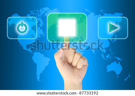hand pushing media player technology button on a touch screen interface