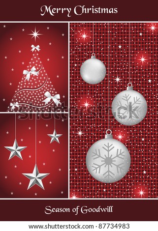 Christmas balls in silver with snowflakes, xmas tree and hanging stars on a dark red themed background. Raster also available.
