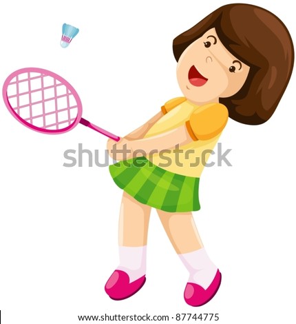 illustration of isolated little girl playing badminton on white