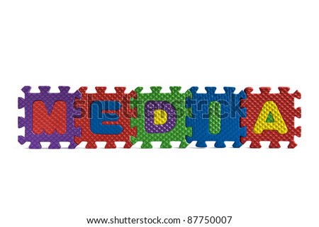 Media sign with alphabet puzzle letters isolated on white background