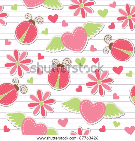 cute romantic seamless pattern with ladybugs, hearts and flowers