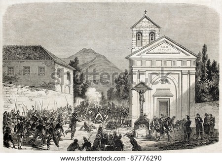 Caserta, Italy: Neapolitans troops repulsed. Created by Mettais after Duvaux and Girin, published on L'Illustration, Journal Universel, Paris, 1860