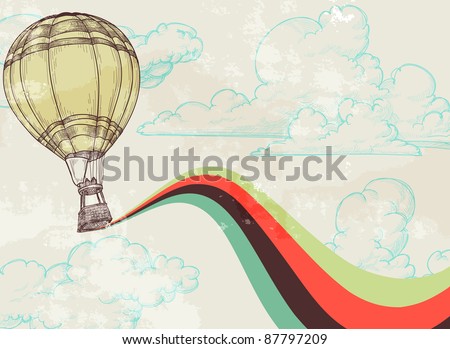 Retro hot air balloon sky background old paper texture. Vintage texture grouped and easy removable