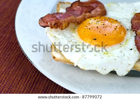Picture of egg with bacon on fresh cibatta slice.