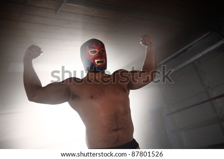 Masked wrestler flexing muscles