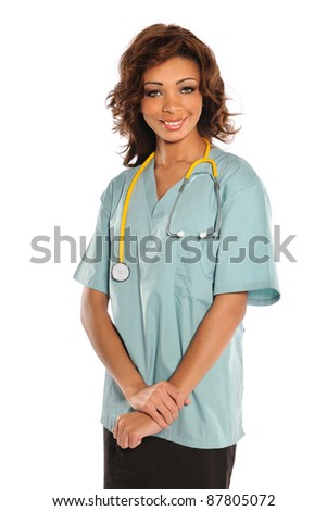 Portrait of young African American doctor or nurse isolated over white background