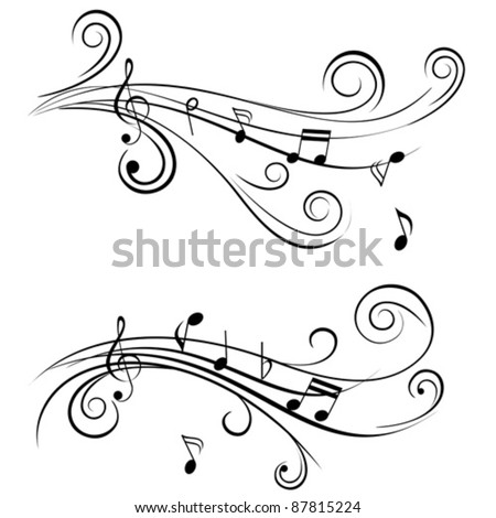 Ornamental music notes with swirls on white background