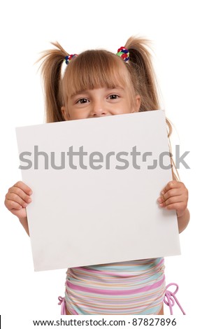Little beautiful girl wearing pink swimsuit holding empty white board isolated on white background