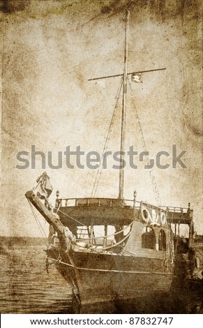 Old piratical frigate. Photo in vintage image style.