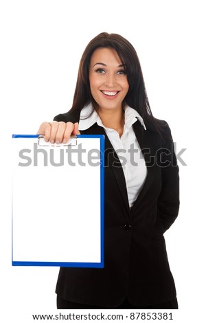 businesswoman holding a blank white board, clipboard isolated over white background