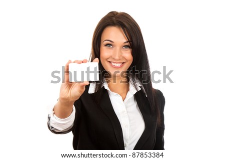 Smiling business woman handing a blank business card over white background