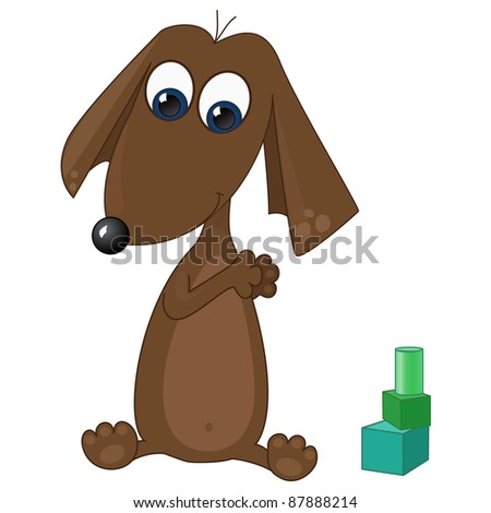 cute vector dog playing with cubes, isolated on blue background