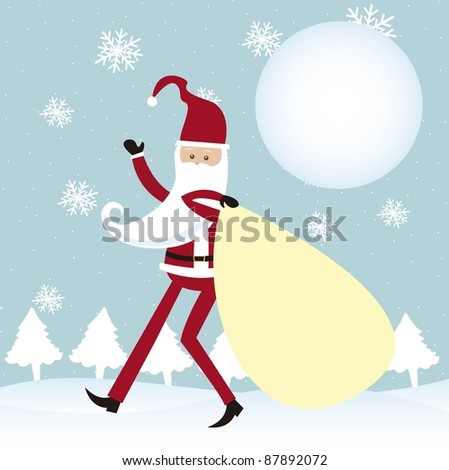 cartoon santa claus walking over snow with bag. vector
