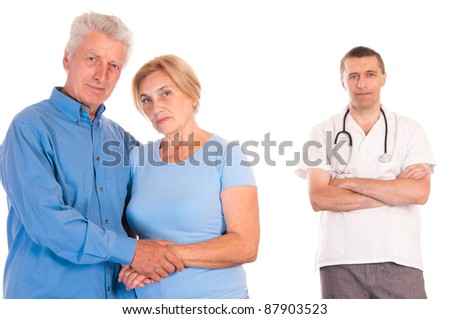 cute doctor with old patients on white