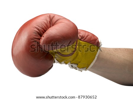 Red and yellow boxe gloves with arm Royalty-Free Stock Photo #87930652