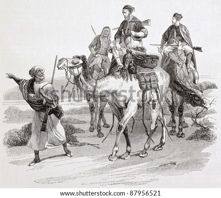 Desert trip by camels old illustration. Created by Vernet, published on Magasin Pittoresque, Paris, 1844