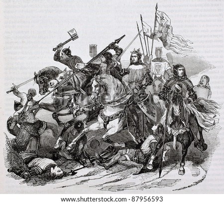 Battle of Bouvines old illustration. By unidentified author, published on Magasin Pittoresque, Paris, 1844