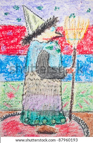 Kid's drawing of witch with broom