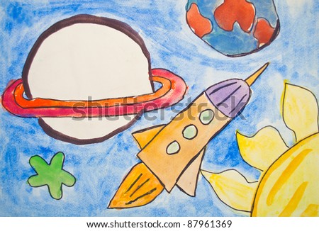 Kid's painting of universe with planets and stars