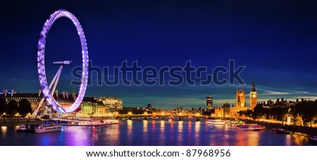 London at twilight. London eye, County Hall, Westminster Bridge, Big Ben and Houses of Parliament. Royalty-Free Stock Photo #87968956