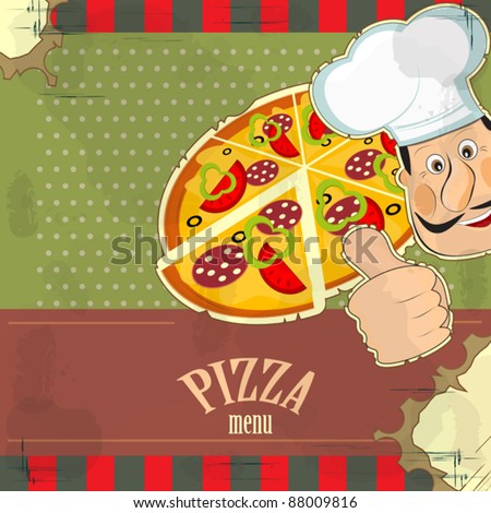 Italian vintage menu - chef and a pizza  on grunge background
