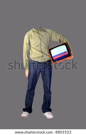a real headless man holds tv under his arm!
