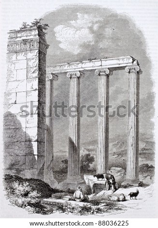 Ionic temple ruins in Azania, Asia Minor. Created by Delabord, Becker and Hall, published on Magasin Pittoresque, Paris, 1844