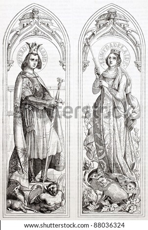 Ferdinand III of Castile and Adelayde of Hungary glass painting created in Sevres manufacturing after drawings of Deveria. Published on Magasin Pittoresque, Paris, 1844