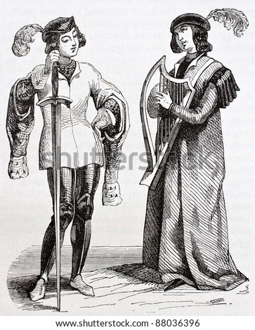 Troubadour and page old illustration. Taken from the manuscript Miracles of Saint Louis, published on Magasin Pittoresque, Paris, 1844