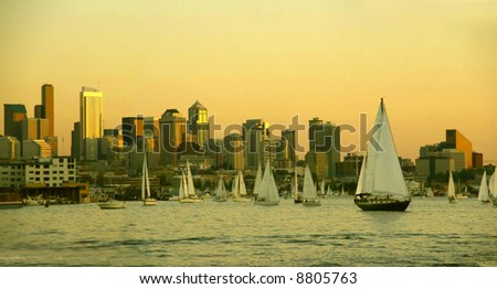 Sunset panorama, Seattle skyline, sailboats & marina, 		Lake Union,	Seattle, Pacific Northwest