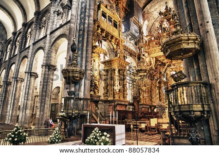 interior of cathedral of Santiago de Compostela,The final destination for pilgrims walking along the world famous camino de santiago Royalty-Free Stock Photo #88057834
