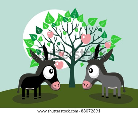 Cute little donkeys and apple tree