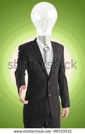 light bulb head Businessman giving hand for handshake on green background.