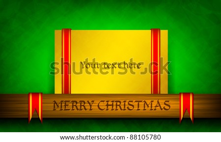 Golden Christmas gift card with red ribbons and wooden board