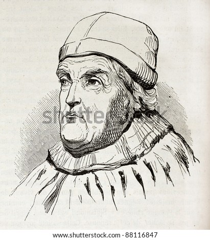 Rene of Anjou, King of Naples, old engraved portrait. After drawing of 15th century, published on Magasin Pittoresque, Paris, 1844