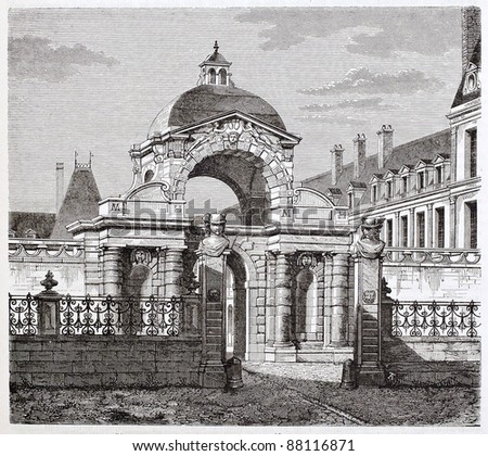 Porte Dauphine in Fontainebleau castle. By unidentified author, published on Magasin Pittoresque, Paris, 1844