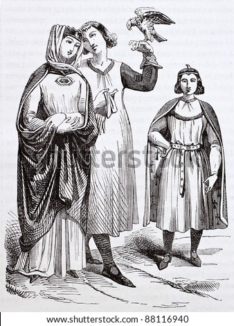 French medieval costumes old illustration: princess and chaperone holding a falcon . After Mallot and Martin, published on Magasin Pittoresque, Paris, 1844