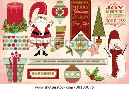 Set of Christmas Clip Art Images and Banners, with Christmas Pattern and Vintage Christmas Background: Santa Claus, Snowman, Christmas Tree, Ornaments, Holly, Christmas Gift, Candle, Stocking, Labels
