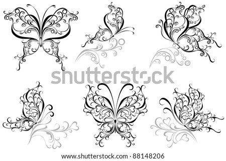 Vector set black and white butterflies