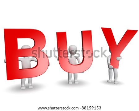 3D humans forming red BUY word, 3d render isolated on white