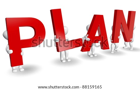3D humans forming red PLAN word, 3d render isolated on white