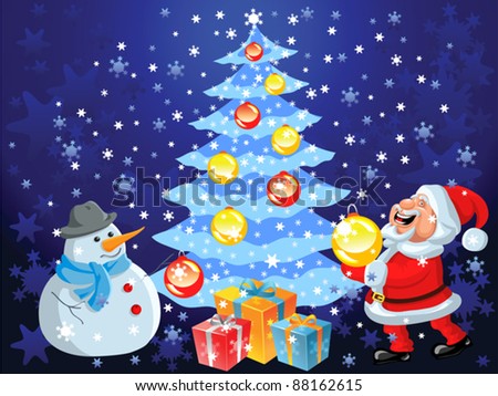 vector Christmas background with Christmas tree, snowflakes, toys, gifts, decorations, happy cartoon Santa Claus and funny snowman