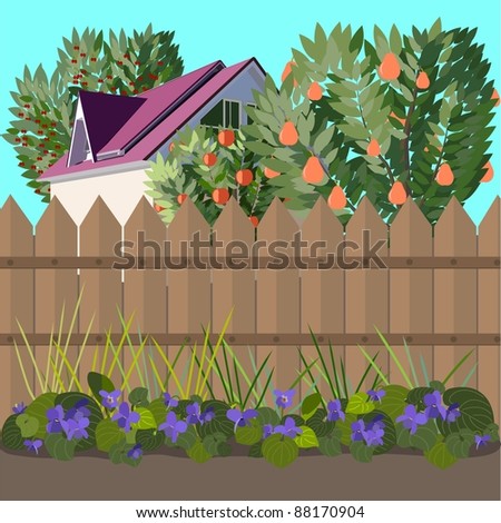 In the beginning a lawn with flowerses behind a fence a garden with the house