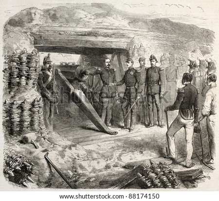 Francis II of the two Sicilies visiting a cannons battery, old illustration. Created by Janet-Lange, published on L'Illustration, Journal Universel, Paris, 1860