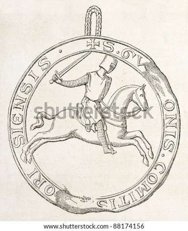 Equestrian seal of Guy V Count of Forez. By unidentified author, published on L'Illustration, Journal Universel, Paris, 1860