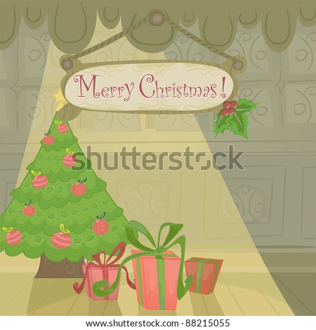 Christmas holiday card with cartoon background, presents and tree.  Vector also available