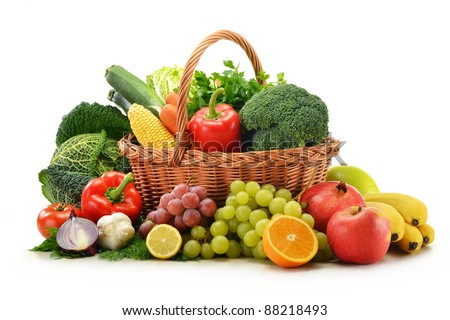 Composition with vegetables and fruits in wicker basket isolated on white Royalty-Free Stock Photo #88218493