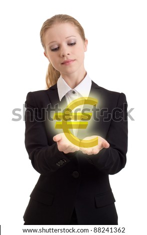 Young business woman chooses golden euro sign
