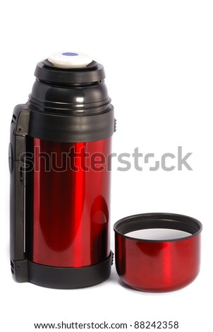 Red protection-thermos coffee cup isolated on white.