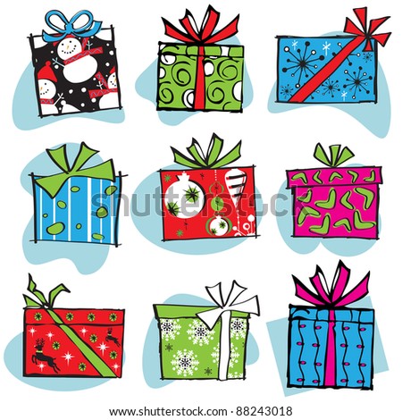Funky Retro Christmas gifts, isolated on white